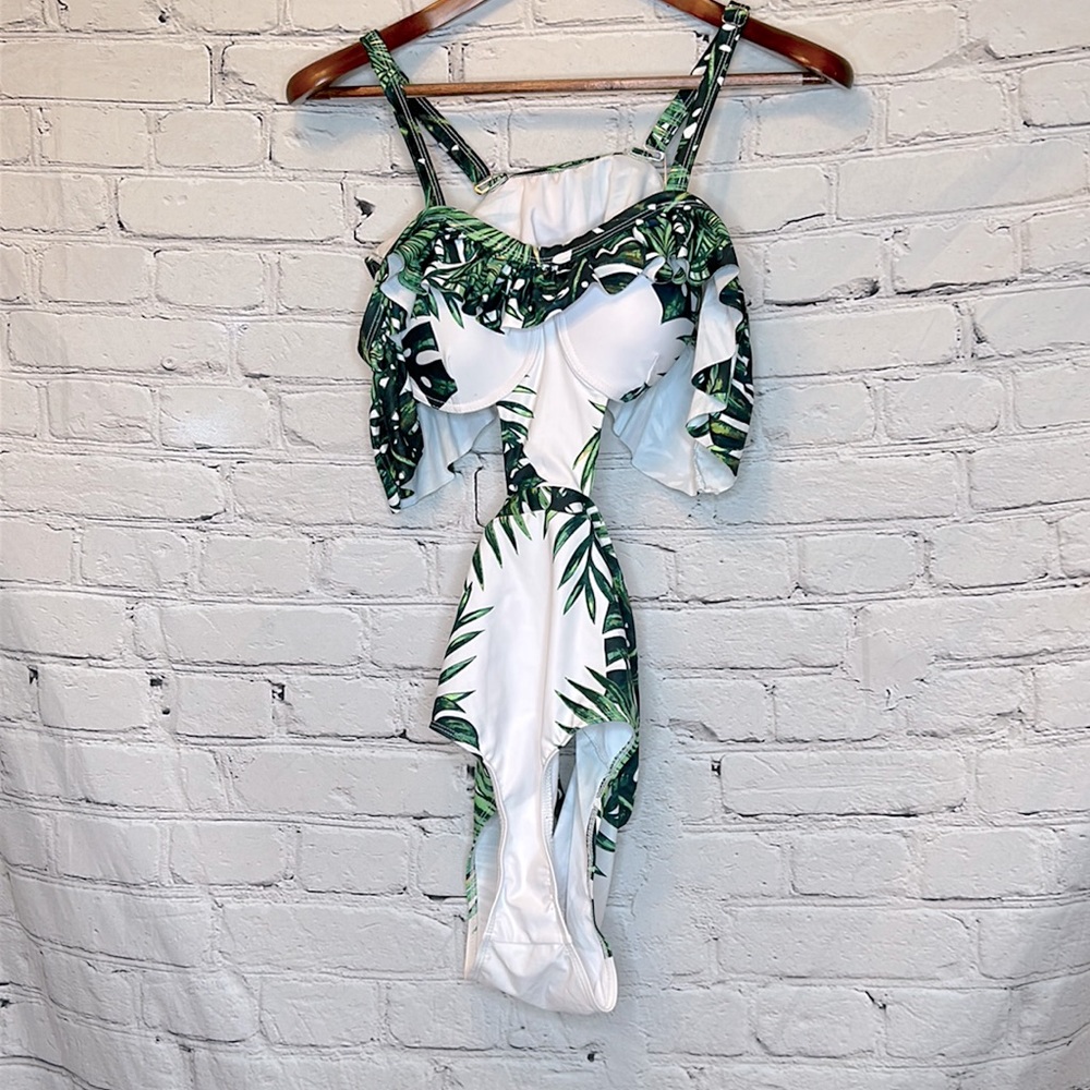 Aonihua Green White Tropical Print Ruffle Shoulder Swimsuit Size Medium